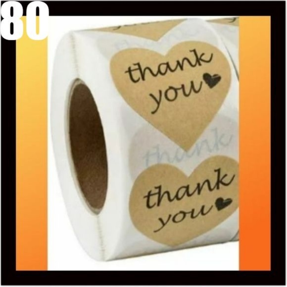 Other - (80) Heart Shaped Thank You Stickers Kraft Paper